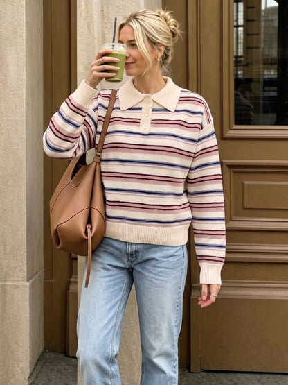 Women's Collared Half Button Colorful Striped Long Sleeve Knit Sweater