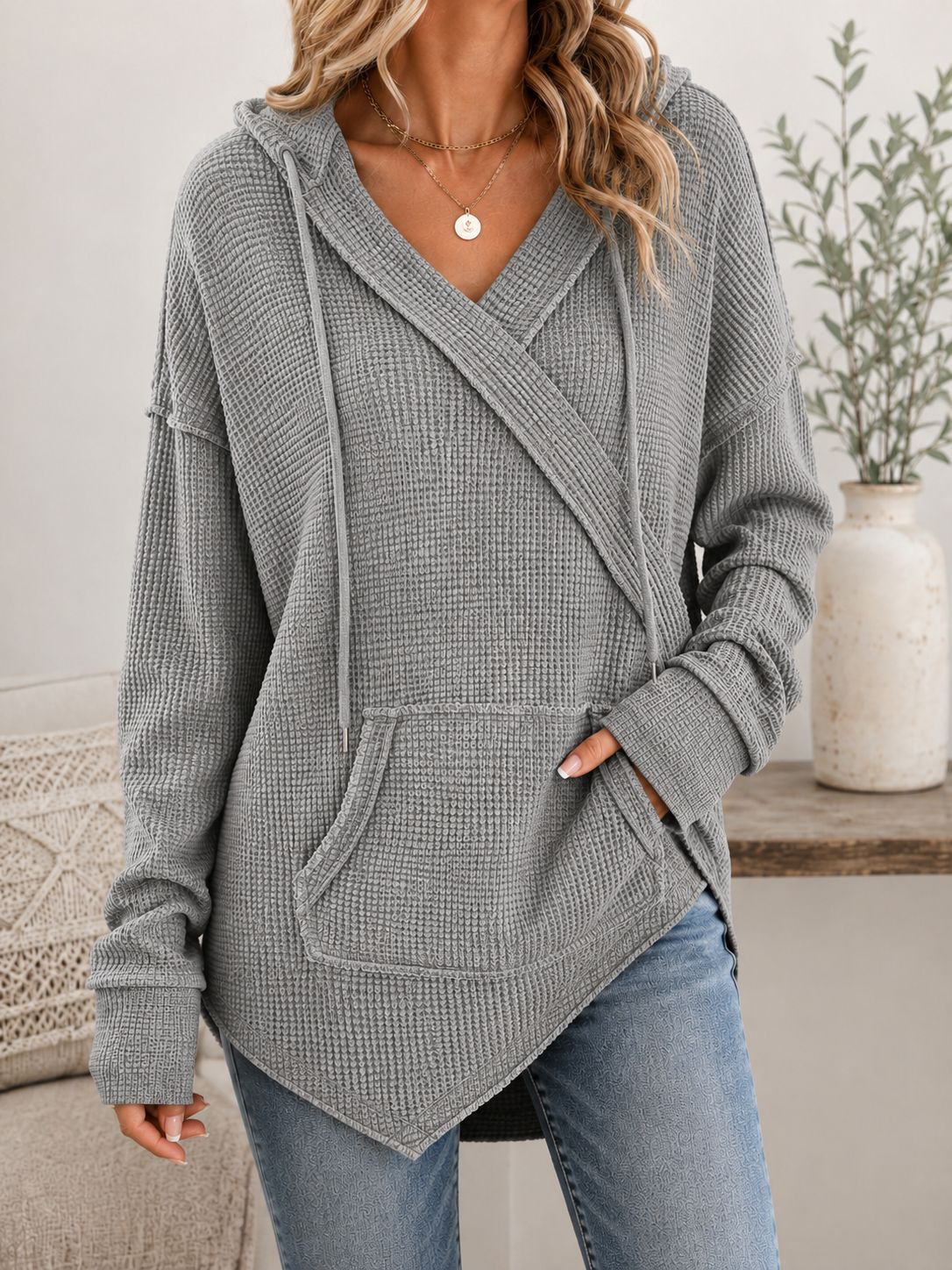 Women's Waffle Knit Surplice V Neck Long Sleeve Hooded Top with Pocket