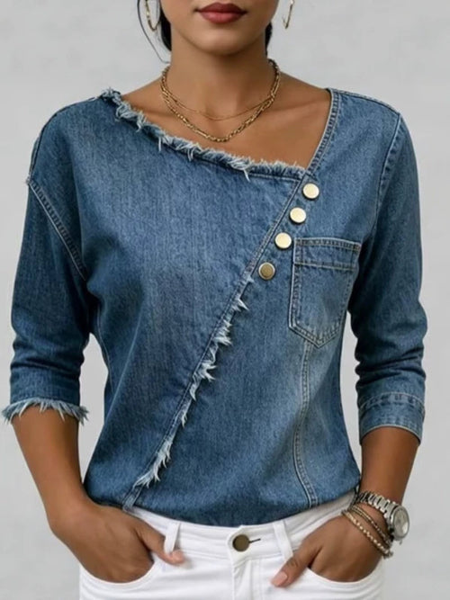 Asymmetric Frayed Denim Top