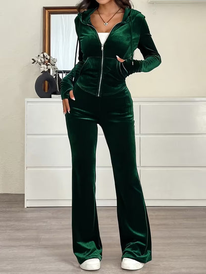Velvet Zip-Up Hoodie & Flared Pants Set