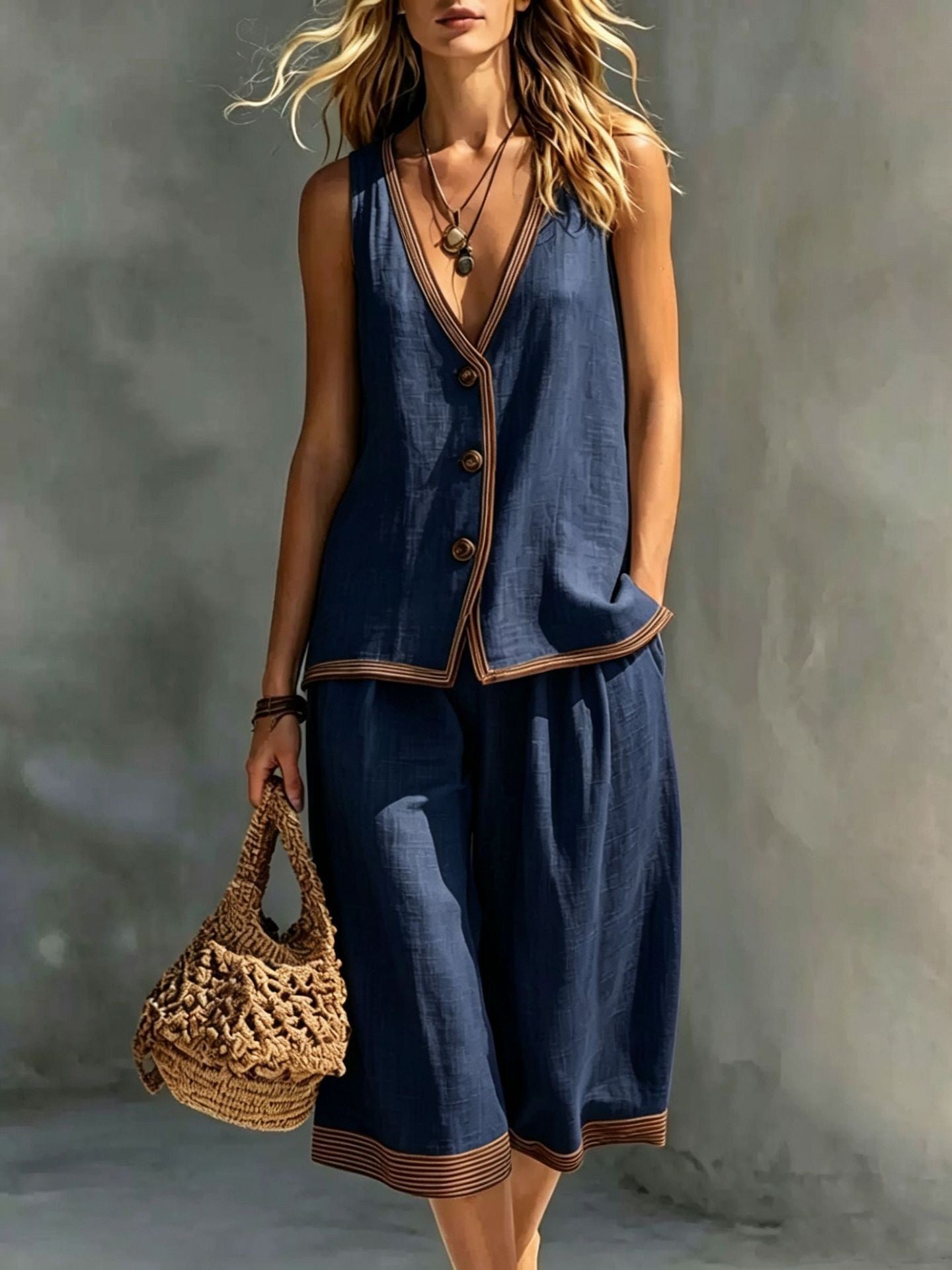 Linen Contrast‑Trim Vest & Culottes Two‑Piece Set