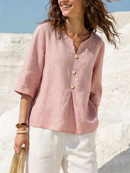 Linen-Blend Button-Front Top – Soft Textured 3/4 Sleeve Blouse