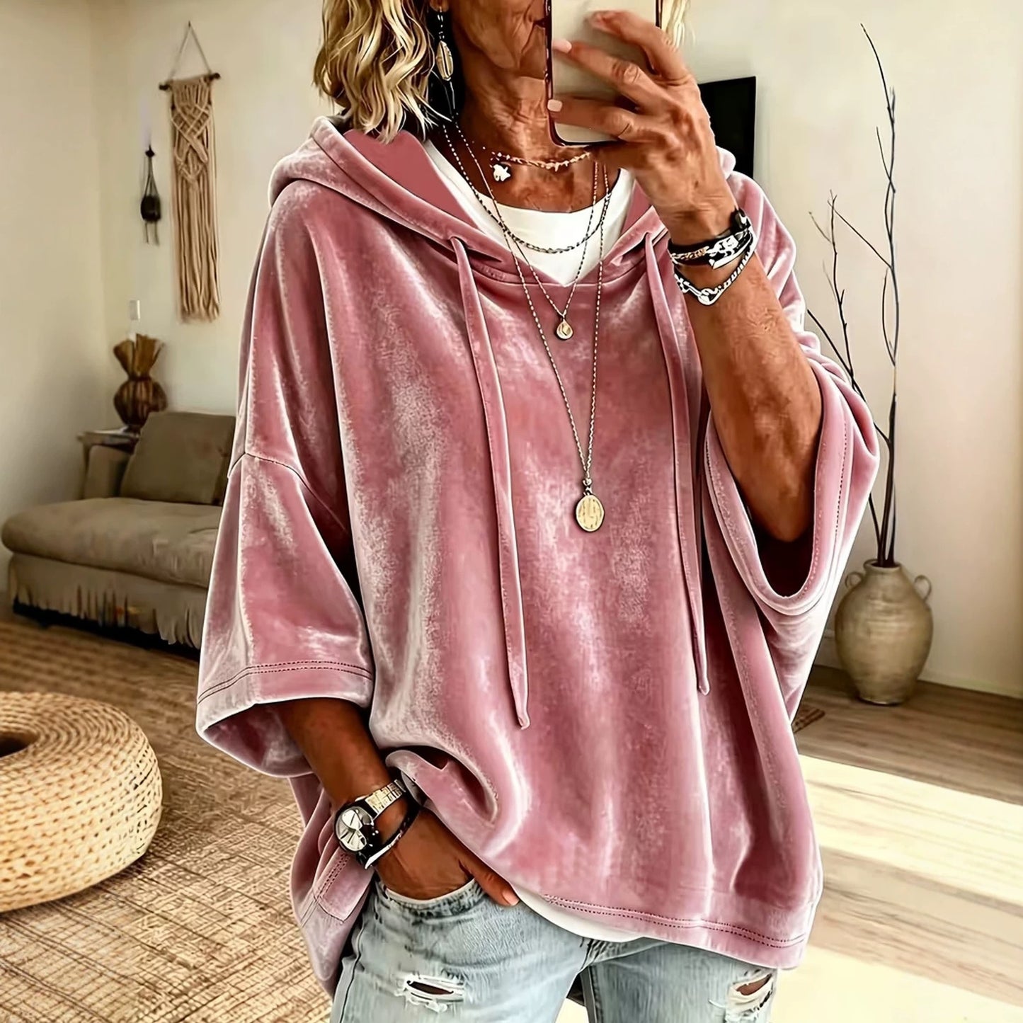 Velvet Drawstring Hooded Three-Quarter Sleeve Top