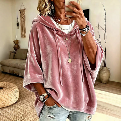 Velvet Drawstring Hooded Three-Quarter Sleeve Top