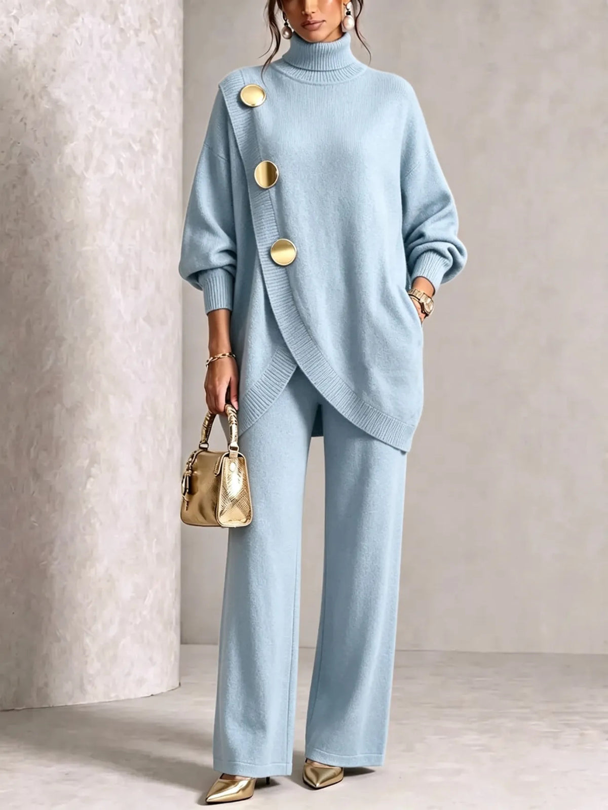 Turtleneck Gold‑Button Asymmetric Knit Tunic & Wide‑Leg Pants Two‑Piece Set