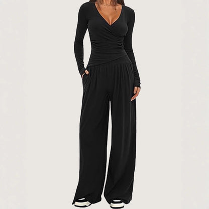 Women Solid Wrap V Neck Ruched Long Sleeve Top Elastic High Waist Pocket Wide Leg Casual Loungewear Co-ord Set