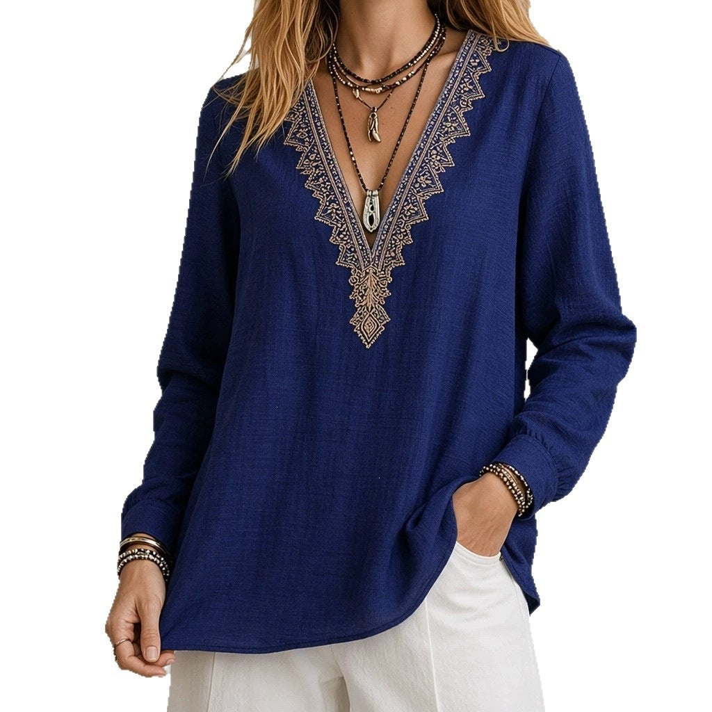 Embroidered V-Neck Blouse – Soft Textured Long Sleeve Top