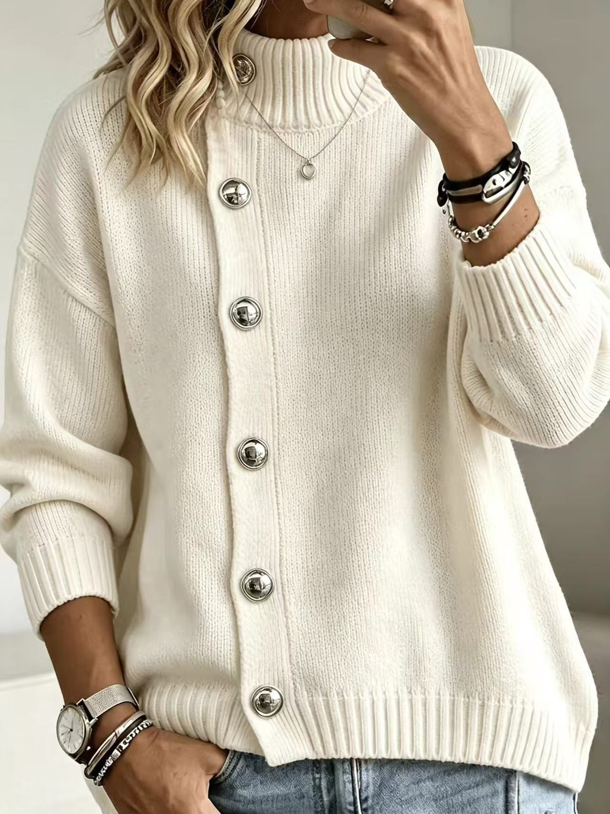 Women's Stand Collar Button Front Knit Sweater, Long Sleeve Loose Casual Pullover Jumper