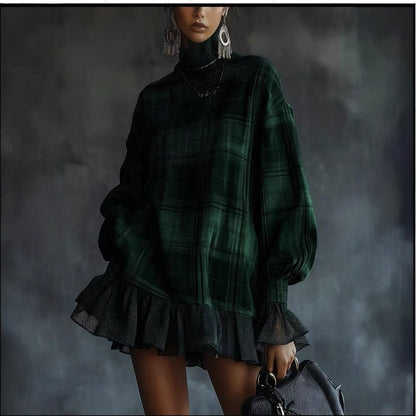 Women's Turtleneck Plaid Long Sleeve Ruffle Hem Tunic Dress