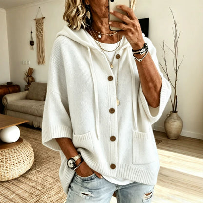 Drawstring Hooded 3/4 Sleeve Wooden Button Knit Cardigan