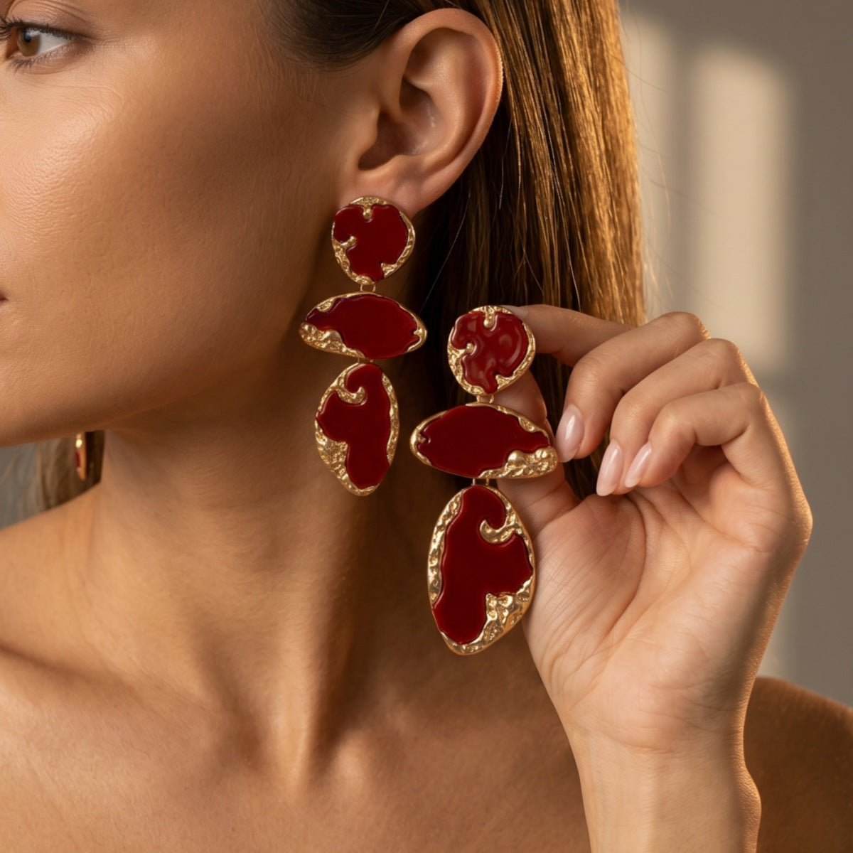 Abstract Red Enamel Tiered Drop Earrings Hammered 14K Gold Plated Statement Dangle Earrings - EH5799