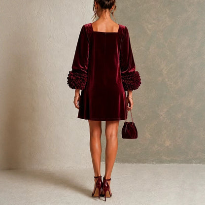 Black Velvet Button-front Mini Dress Featuring Striking Floral Cuffs
