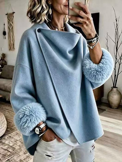 Wrap Cape Coat with Faux Fur Cuffs