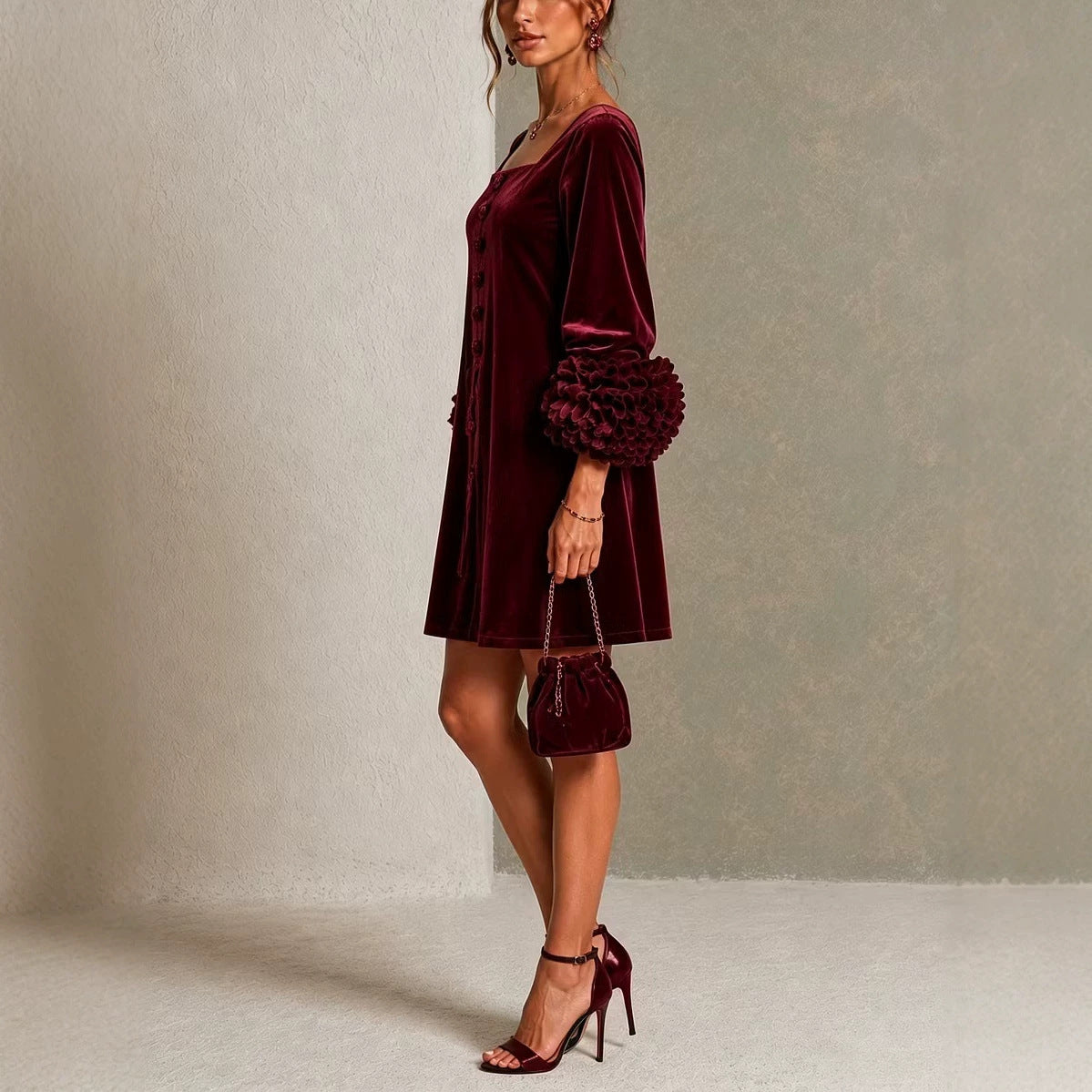 Black Velvet Button-front Mini Dress Featuring Striking Floral Cuffs