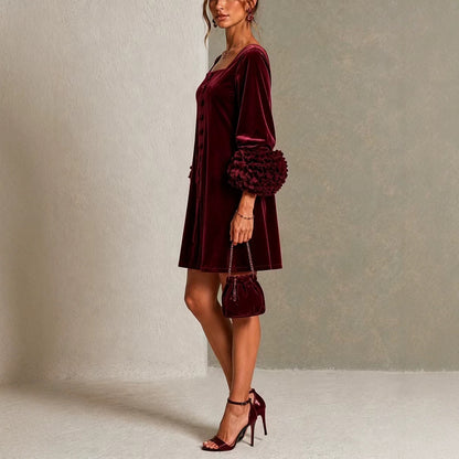 Black Velvet Button-front Mini Dress Featuring Striking Floral Cuffs