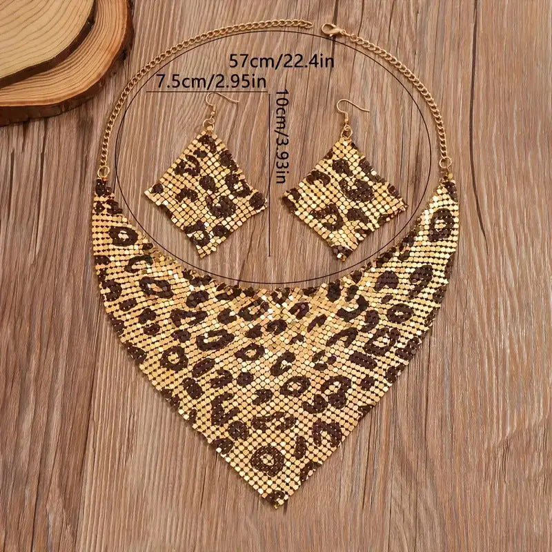 Necklace Jewelry Set Leopard Print Gold Plated Statement Earrings