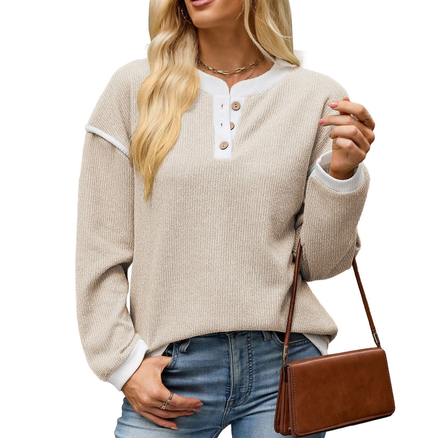 Contrast Trim Henley Knit Long Sleeve Top