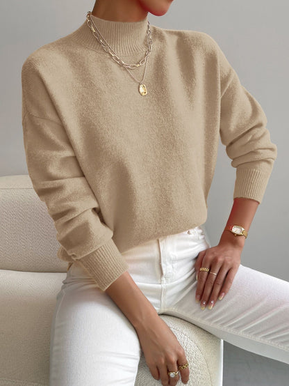 Women's Solid Mock Neck Long Sleeve Knit Sweater