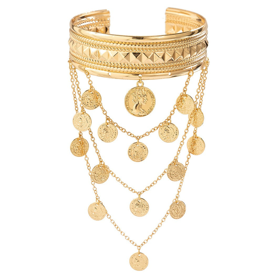New Fashion Women’s Minimal Versatile Casual Street Style Leaf Coin Tassel Chain Linked Bracelet - Golden three-layer