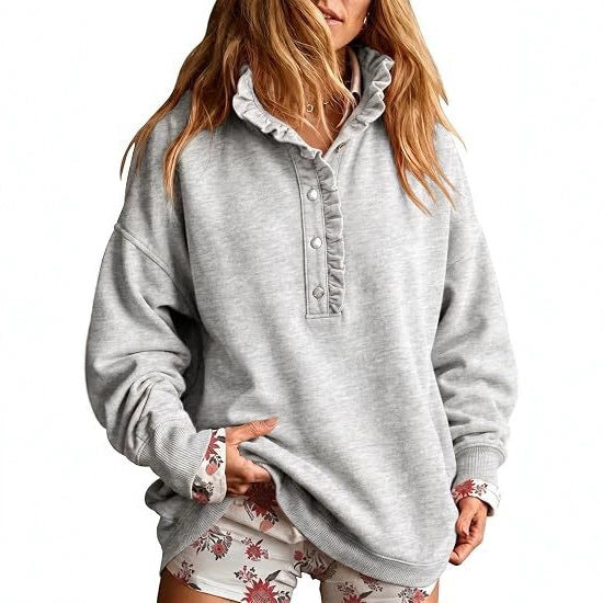 Ruffle Collar Half-Button Oversized Sweatshirt