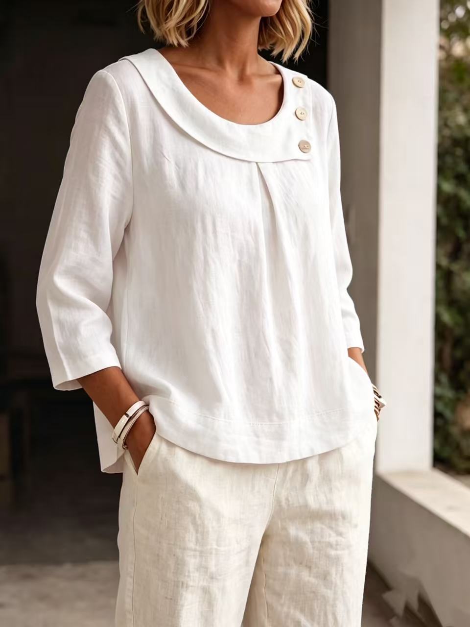 Asymmetrical Button Collar Linen Top