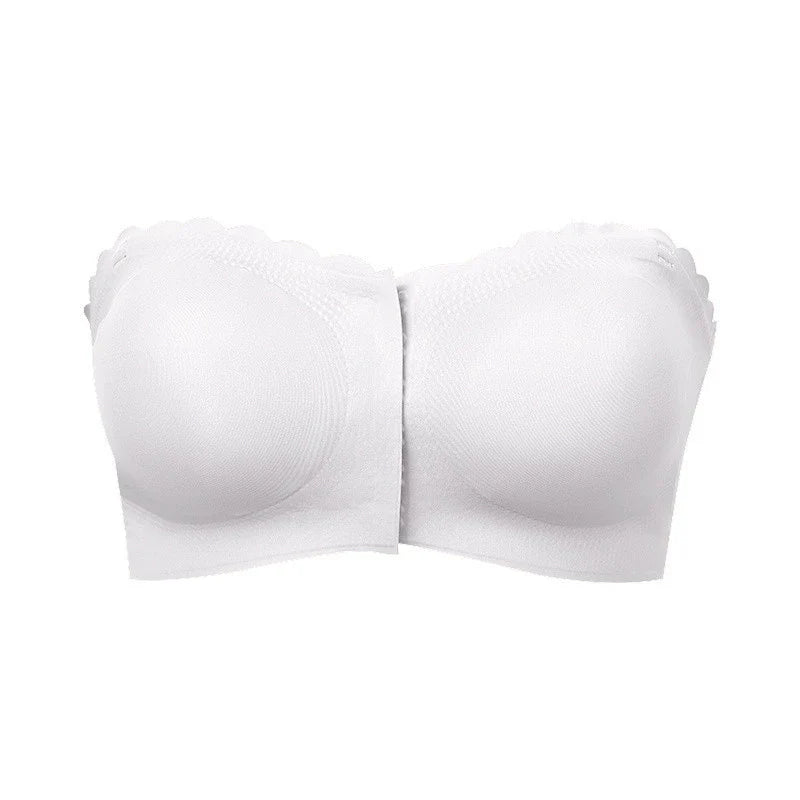 Hugmecurve® Womens Strapless Bra Non-Slip Padded Bandeau Bras Front Closure Bras for Women Wavy Trim Seamless Tube Top Bralette