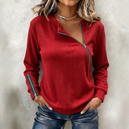 Ribbed Knit Top with Asymmetric Zip