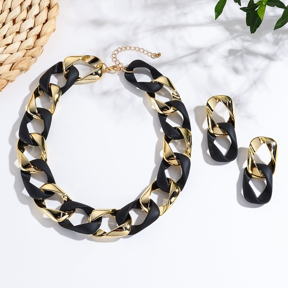 3pcs/set Resin Eight-character Twist Link Chain Fashionable Lady’s Necklace Earrings And Jewelry Set - Black