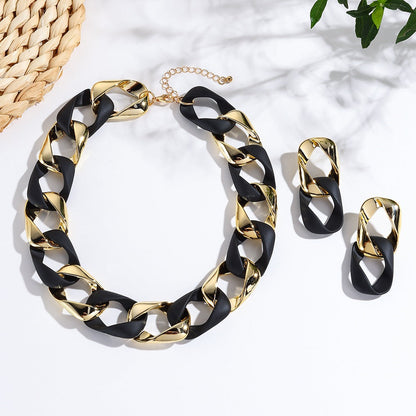 3pcs/set Resin Eight-character Twist Link Chain Fashionable Lady’s Necklace Earrings And Jewelry Set - Black