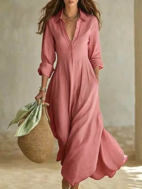 Linen-Blend Shirt Dress – Flowing Maxi Button-Front Dress