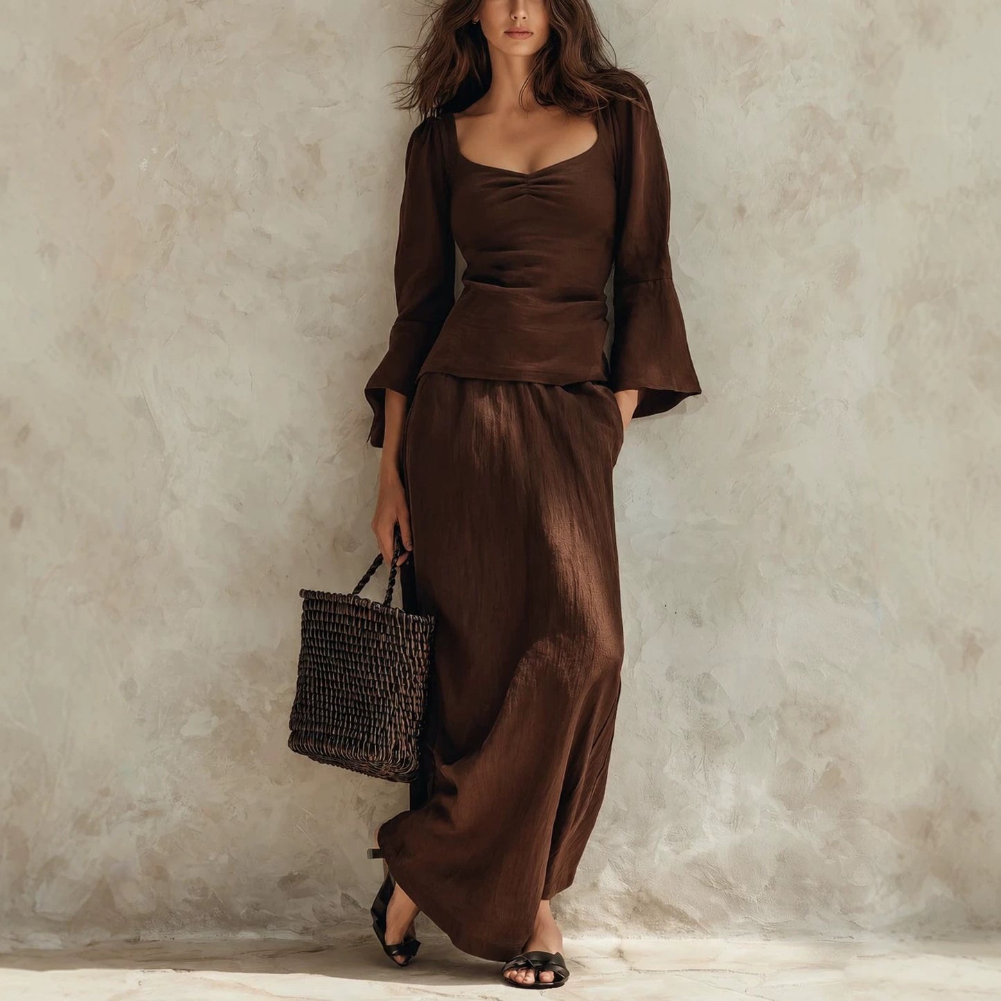 Square Neck Flare Sleeve Top & Maxi Skirt Matching Set
