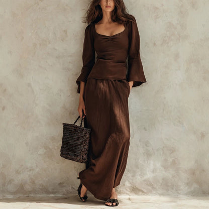 Square Neck Flare Sleeve Top & Maxi Skirt Matching Set