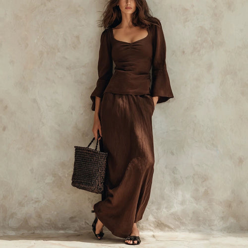 Square Neck Flare Sleeve Top & Maxi Skirt Matching Set