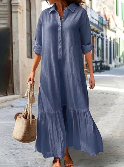 Linen Ruffle Hem Maxi Shirt Dress