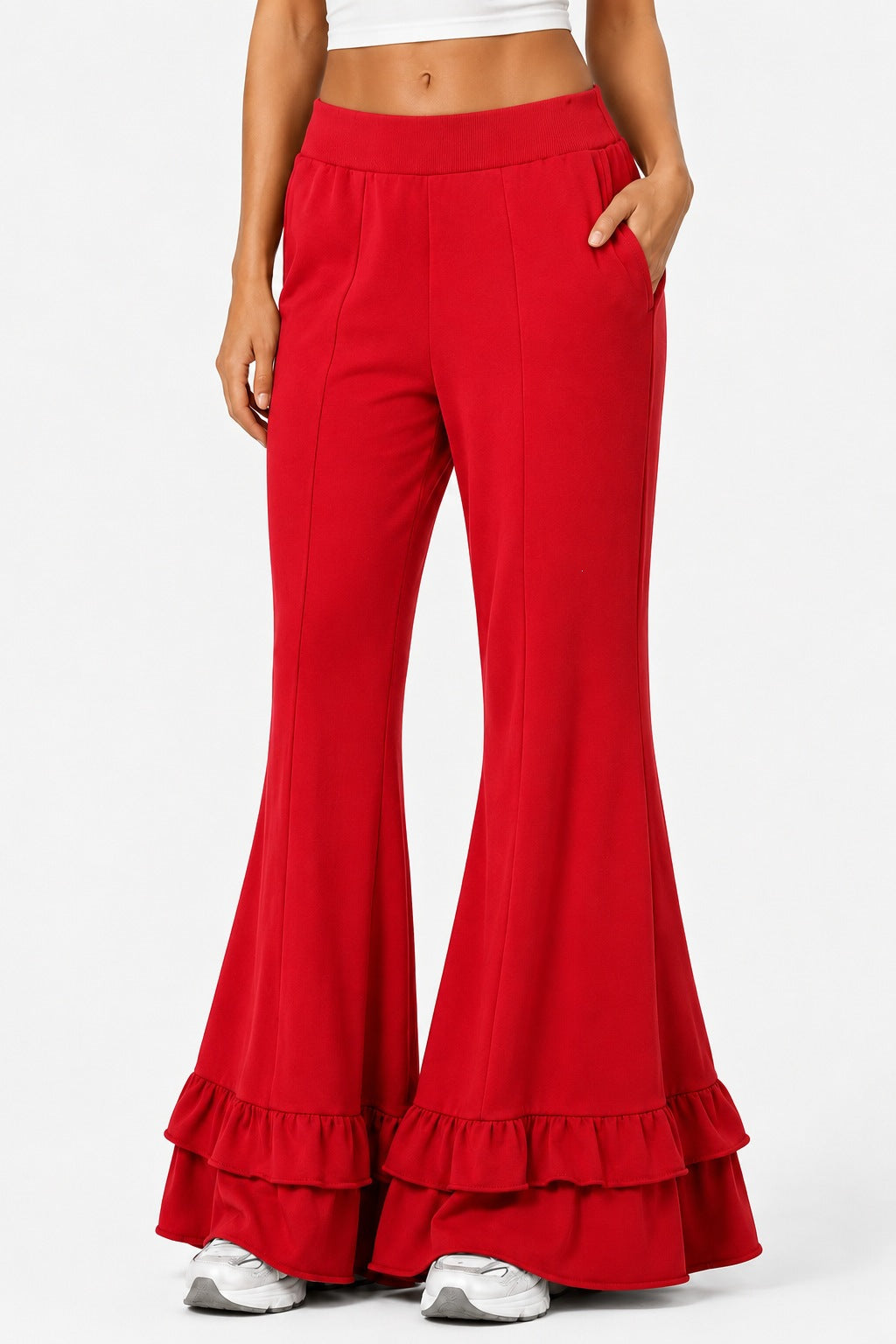High Waist Front Seam Double Ruffle Hem Flare Knit Pants