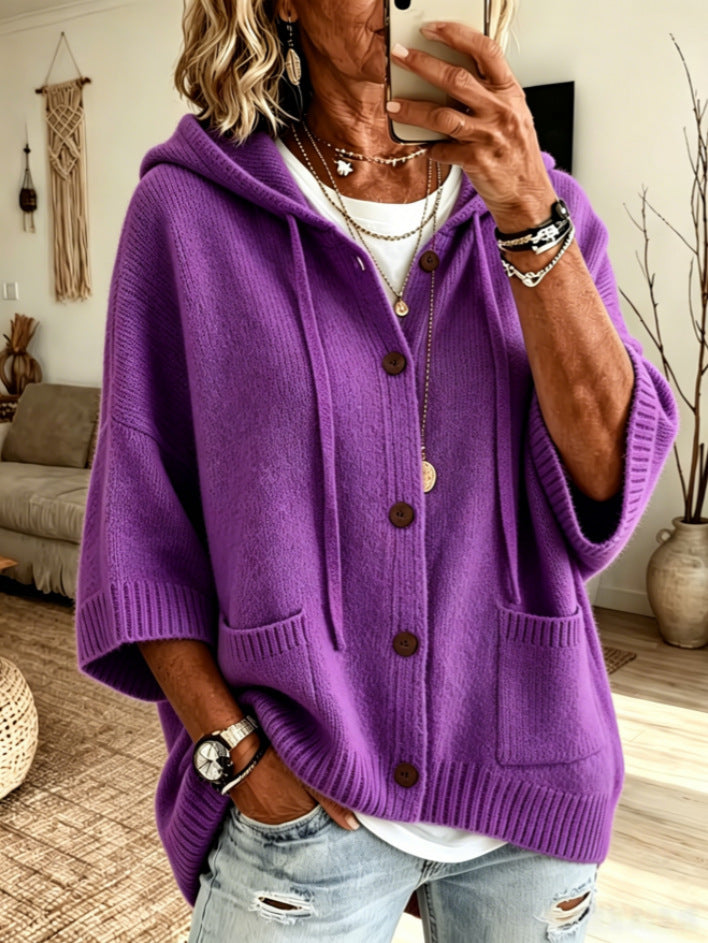 Drawstring Hooded 3/4 Sleeve Wooden Button Knit Cardigan
