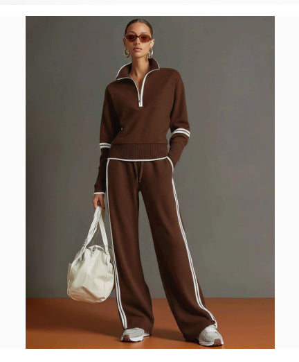 Casual Sports Suit Contrasting Color Stand-Up Collar Sweatshirt Wide-Leg Pants Suit