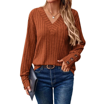 Ribbed Knit V-Neck Button Cuff Top