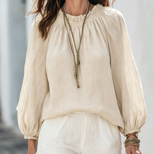 Drawstring Neck Lantern Sleeve Casual Blouse