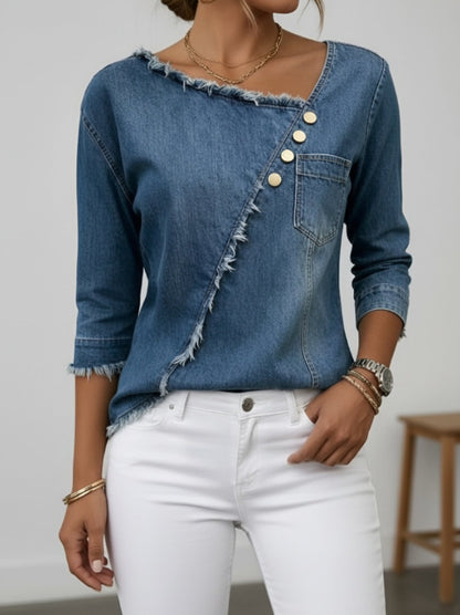 Asymmetric Frayed Denim Top