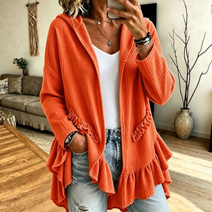 Ruffle Hooded Cardigan – Oversized Knit Open-Front Hoodie