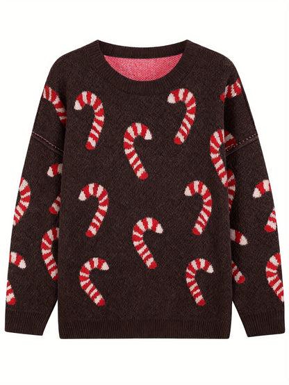 Women's Plus Size Crew Neck Candy Cane Print Long Sleeve Christmas Knit Sweater