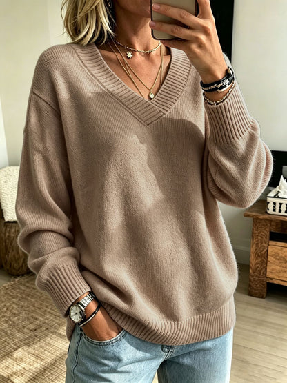 Relaxed V-Neck Long Sleeve Knit Sweater