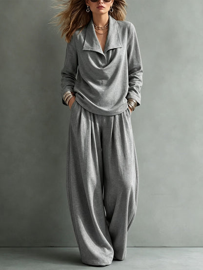 Draped Lapel Casual Matching Two Piece Set