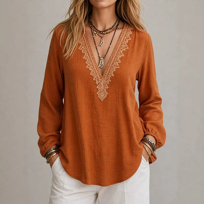Embroidered V-Neck Blouse – Soft Textured Long Sleeve Top