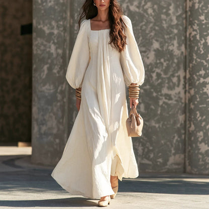 Square Neck Puff Long Sleeve Flowy Maxi Dress