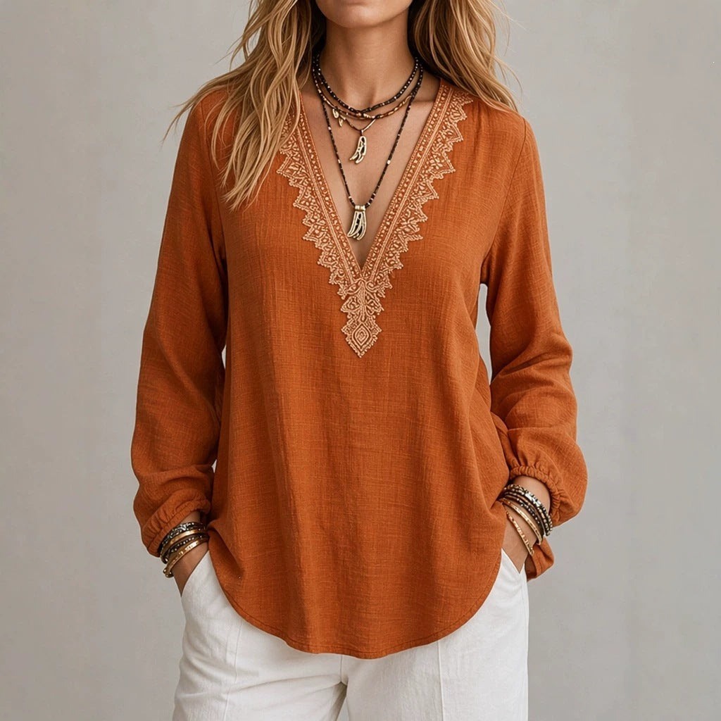Embroidered V-Neck Blouse – Soft Textured Long Sleeve Top