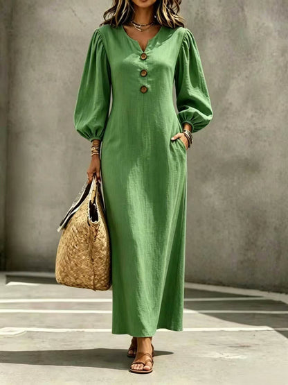 Linen Blend Notch V Neck Balloon Sleeve Maxi Dress