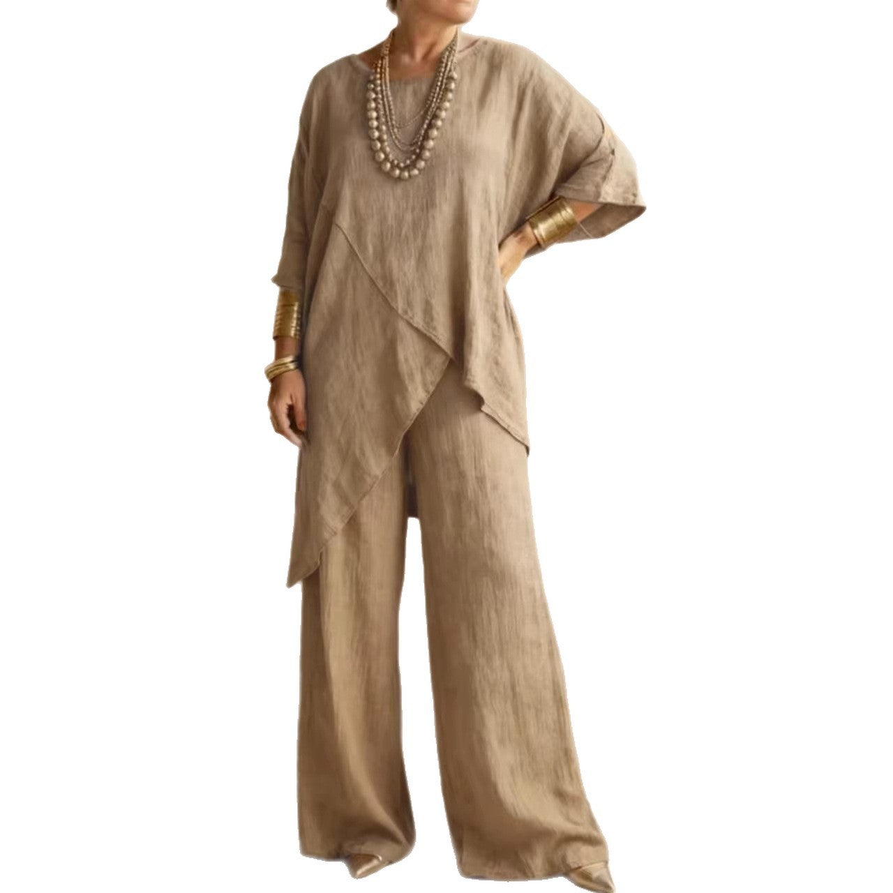 Linen Asymmetric Overlap Top & Wide Leg Pants Two Piece Set