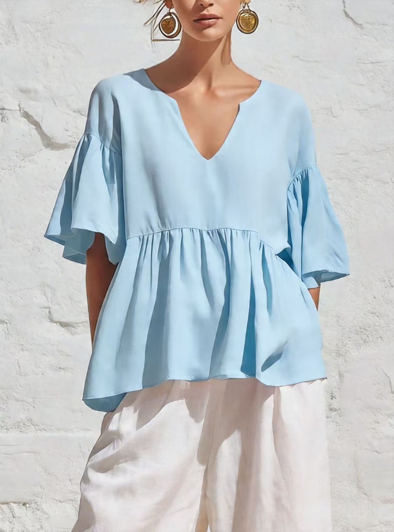 V-Neck Ruffle Sleeve Peplum Blouse